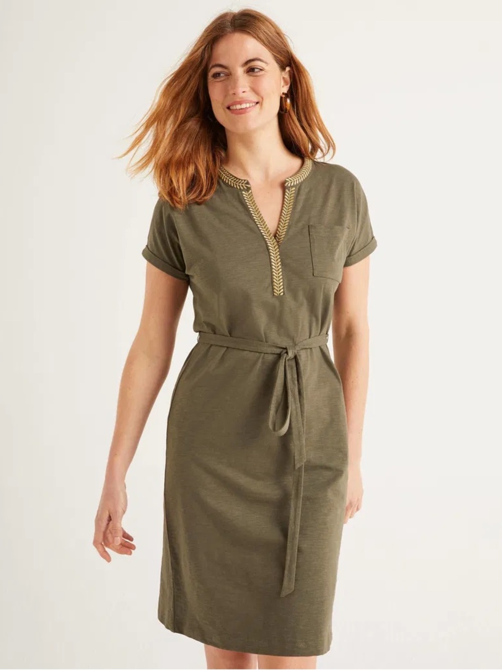 Boden Olive Green Short-Sleeve dress with Cream Embroidered Trim